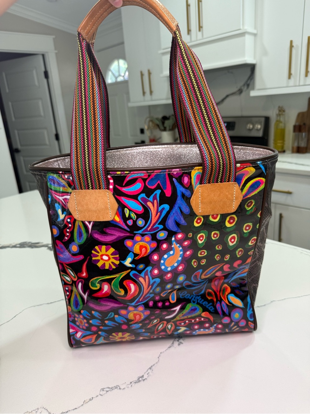 Consuela Floral Multicolor Medium Tote Bag Black Striped Handles Zip Pockets - Picture 2 of 9